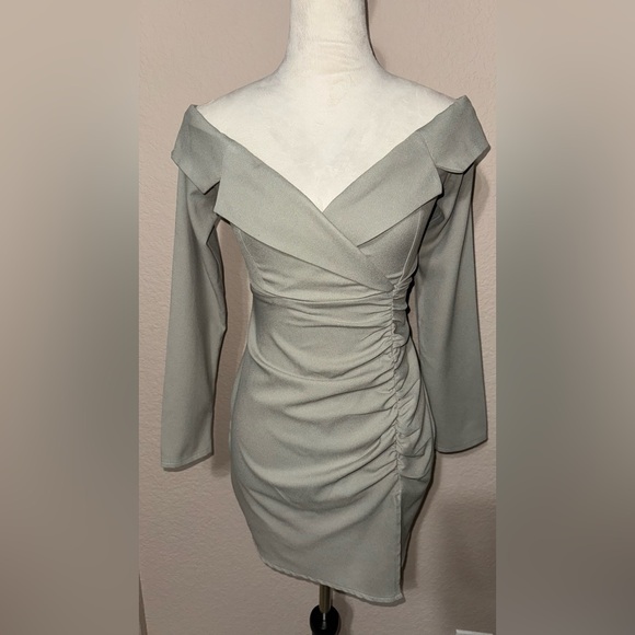 Sage Khaki Bardot Ruched Detail Blazer Dress Size: 0 - Picture 3 of 5